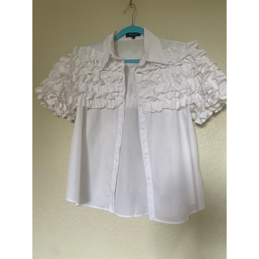 BEULAH STYLE Women blouse shirt top ruffles Short sleeves and White Small